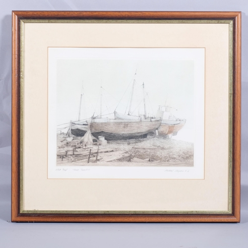 228 - Michael Chaplin RE (born 1943), beached trawlers, pair of coloured etchings, signed in pencil, plate... 