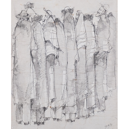 231 - A group of Jewish men, 20th century ink and wash on canvas, indistinctly signed, 40cm x 30cm, unfram... 