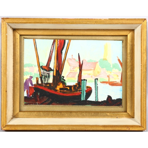 237 - Miniature harbour scene, watercolour/gouache, unsigned, overall frame dimensions 13.5cm x 17.5cm