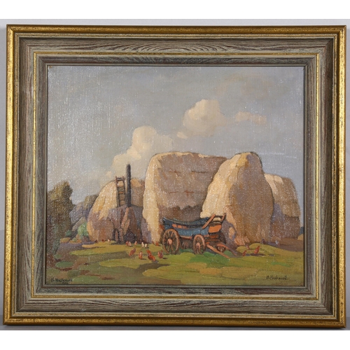 244 - Noel Haslewood (1881 - 1925), Haystacks, oil on canvas, 31cm x 36cm, framed