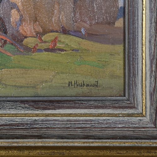 244 - Noel Haslewood (1881 - 1925), Haystacks, oil on canvas, 31cm x 36cm, framed