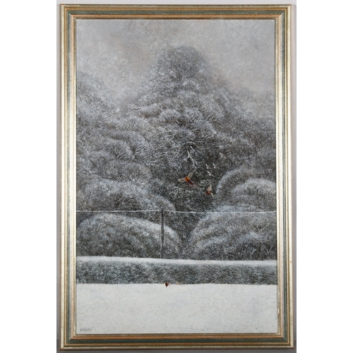 253 - Ken Turner, pheasant in winter, oil on board, 60cm x 38cm, framed