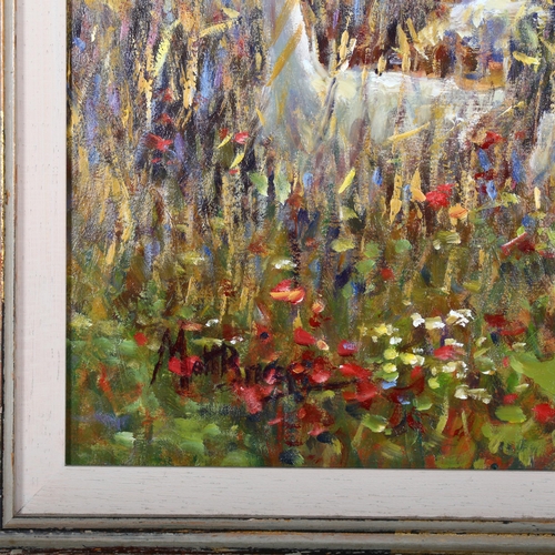 254 - Matt Bruce, geese in corn field, oil on board, 25cm x 30cm, framed