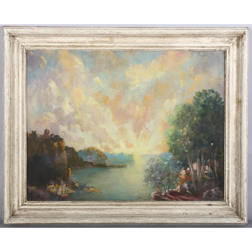 255 - Sunset Italianate bay, early to mid-20th century oil on canvas, unsigned, 50cm x 65cm, framed