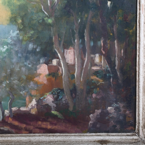 255 - Sunset Italianate bay, early to mid-20th century oil on canvas, unsigned, 50cm x 65cm, framed