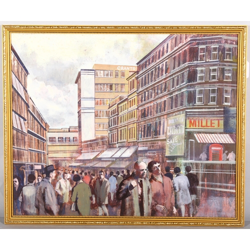 259 - Croydon street scene, circa 1950s, oil on board, unsigned, 45cm x 55cm, framed