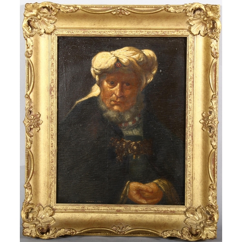 263 - After Rembrandt, Leper King, oil on board, early 20th century, 31cm x 25cm, framed