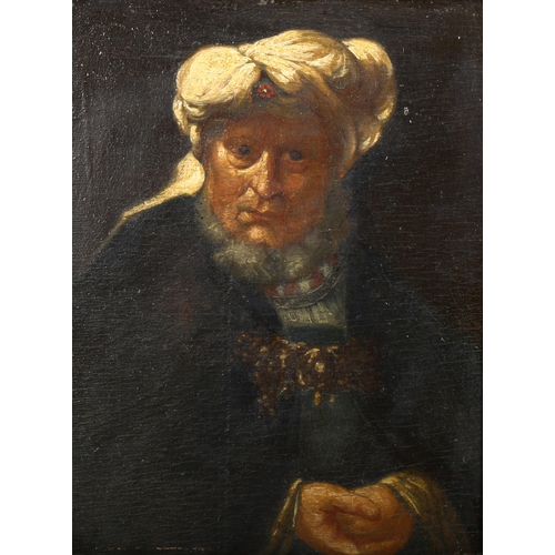 263 - After Rembrandt, Leper King, oil on board, early 20th century, 31cm x 25cm, framed