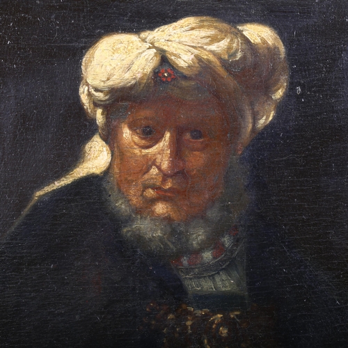 263 - After Rembrandt, Leper King, oil on board, early 20th century, 31cm x 25cm, framed