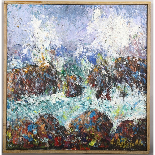 265 - Abstract composition, impasto oil on panel, indistinctly signed, 53cm x 53cm, framed