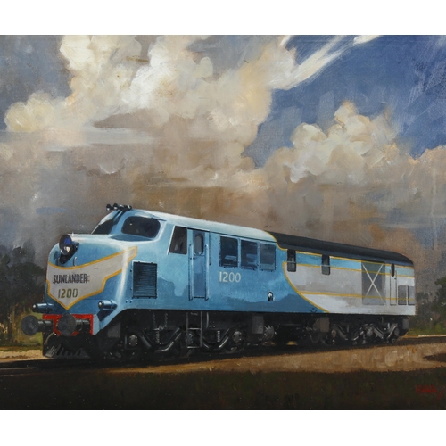 266 - Leslie Carr (1891 - 1961), diesel locomotive train, oil on board, 40cm x 50cm, framed and glazed