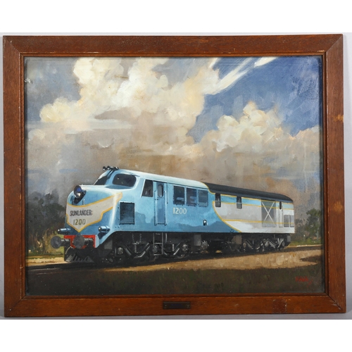 266 - Leslie Carr (1891 - 1961), diesel locomotive train, oil on board, 40cm x 50cm, framed and glazed