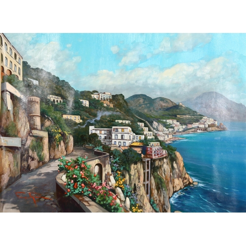 267 - Ferruccio Gianni, Amalfi coastal scene, unstretched oil on canvas, 70cm x 97cm, unframed