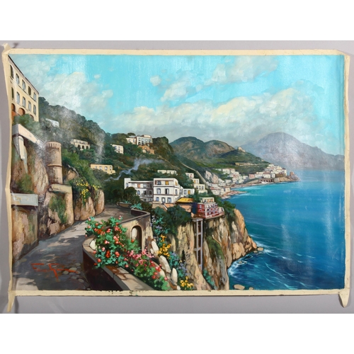 267 - Ferruccio Gianni, Amalfi coastal scene, unstretched oil on canvas, 70cm x 97cm, unframed