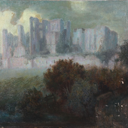 279 - Early 20th century oil on canvas, castle ruins through mist, indistinctly signed, 61cm x 45.5cm, unf... 