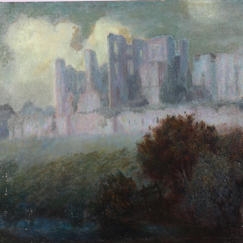 279 - Early 20th century oil on canvas, castle ruins through mist, indistinctly signed, 61cm x 45.5cm, unf... 