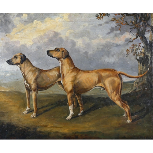 280 - Late 19th/early 20th century oil on canvas of 2 hunting dogs in landscape, unsigned, 44cm x 33cm, fr... 