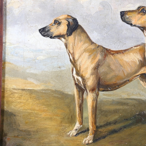 280 - Late 19th/early 20th century oil on canvas of 2 hunting dogs in landscape, unsigned, 44cm x 33cm, fr... 