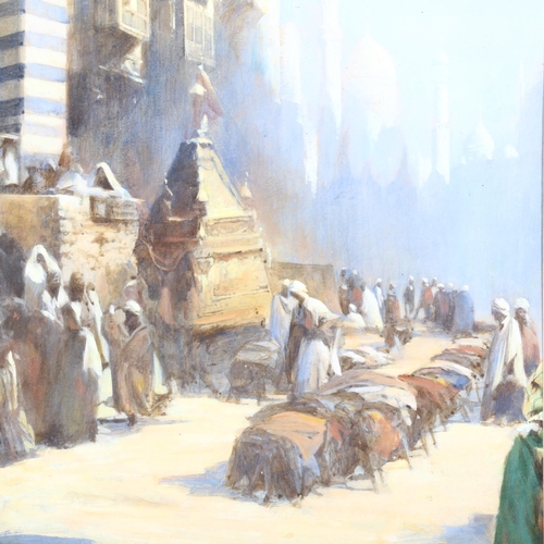 285 - Religious procession Arabian street scene, oil on board, 51cm x 38cm, unsigned