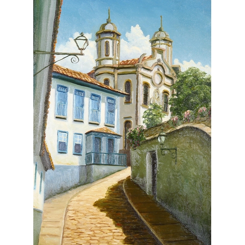 286 - I. Queiroz, Spanish street scene with church and villa, oil on canvas, signed, 39cm x 60cm, framed