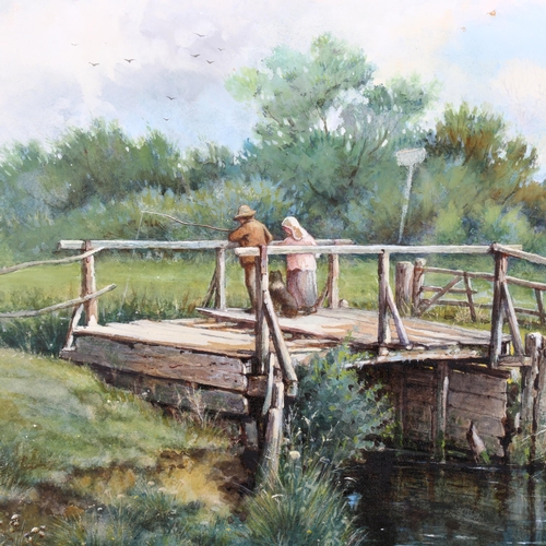 290 - Valentine Thomas Garland (1868 - 1914), figures on old bridge, Shalmsford, Kent, watercolour, 39cm x... 