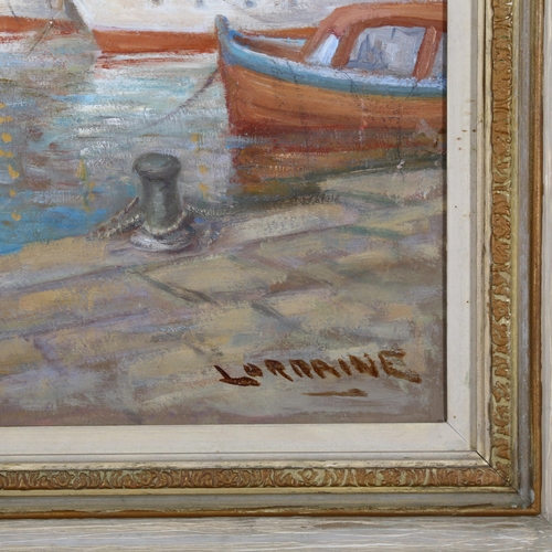 292 - Lorraine, Continental harbour scene, oil on board, signed, 60cm x 49cm, framed