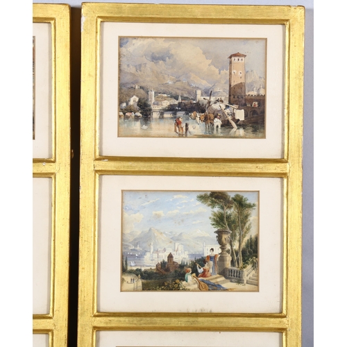 302 - 6 x 19th century Continental watercolours in 2 common frames, unsigned, 14cm x 9.5cm each