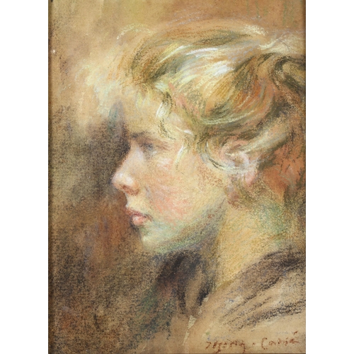 303 - Late 19th/early 20th century pastel portrait of young woman on board, indistinctly signed, 12cm x 18... 