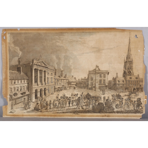 305 - 18th/19th century pen and wash study of Newark Market Square, unsigned, 40cm x 25cm, unframed