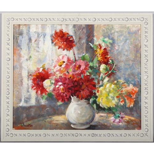 308 - Lucy Newstein, still life flowers in vase, oil on canvas, signed, 60cm x 49cm, in hand painted frame