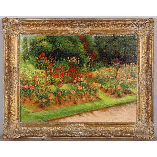 310 - Aziza Janssens, 2 garden scenes, the brook at Hurlingham Club, and another rose garden, oils on canv... 