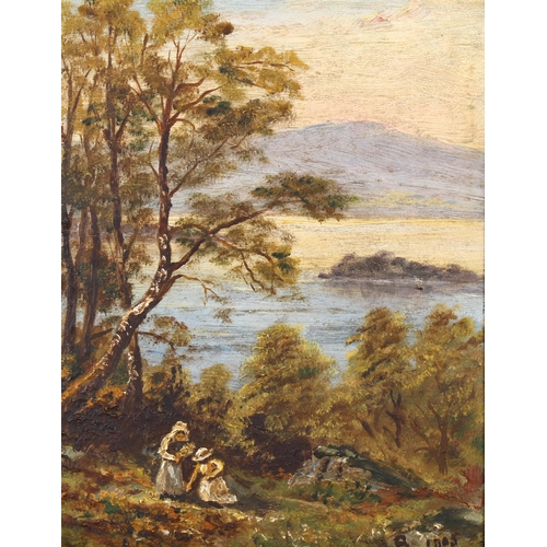 311 - Lakeside scene with 2 figures, oil on board, artist's monogram, dated 1905, 21cm x 16cm, in giltwood... 