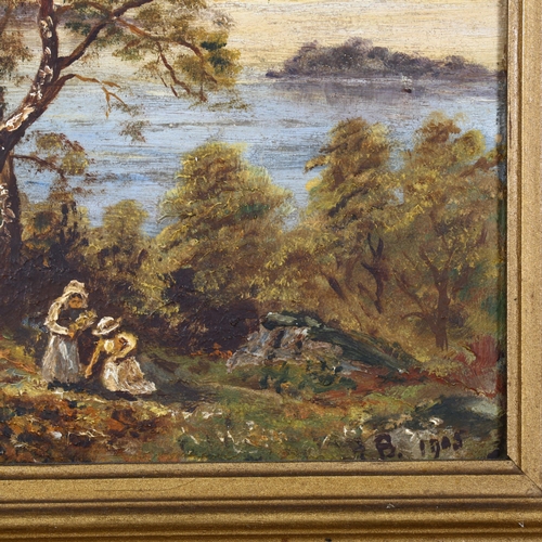 311 - Lakeside scene with 2 figures, oil on board, artist's monogram, dated 1905, 21cm x 16cm, in giltwood... 