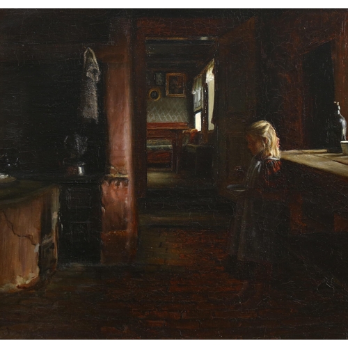 315 - Sophus Vermehren (Danish, 1866-1950), interior scene with young girl, oil on canvas, signed, 39cm x ... 