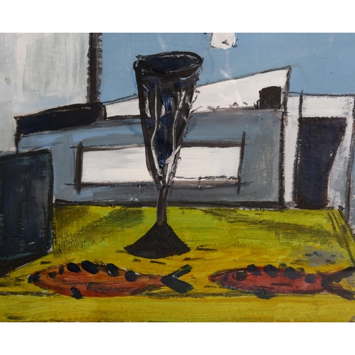 319 - Contemporary British School, oil on board, abstract table-top composition, unsigned, 39cm x 19cm, fr... 