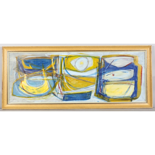 323 - Contemporary abstract boat-shape composition, oil on board, unsigned, 40cm x 110cm, framed