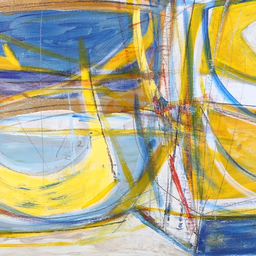 323 - Contemporary abstract boat-shape composition, oil on board, unsigned, 40cm x 110cm, framed