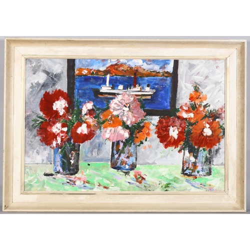 324 - Contemporary still life with roses on shelf, oil on board, unsigned, 49cm x 74cm, framed