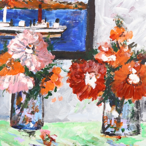 324 - Contemporary still life with roses on shelf, oil on board, unsigned, 49cm x 74cm, framed