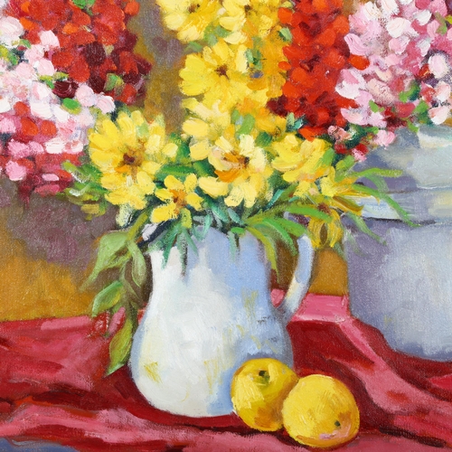 325 - Joan Marie Ransohoff (American), still life with flowers and fruit, oil on canvas, signed, 40cm x 50... 