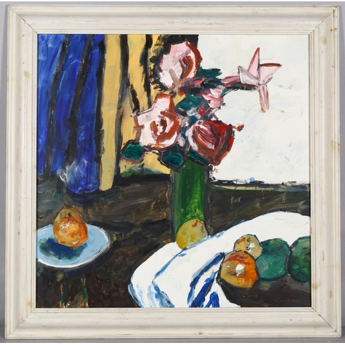 326 - Contemporary still life, roses and fruit, oil on board, unsigned, 59cm x 59cm, framed