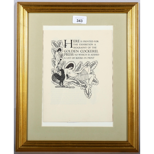 343 - Eric Gill, original prospectus with wood engravings, Golden Cockerel Press, 18cm x 25cm, framed