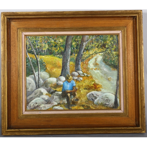 348 - Robert Rander?, man in French forest collecting mushrooms, oil on canvas, signed with details verso,... 