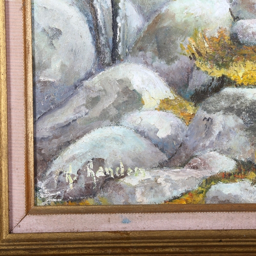 348 - Robert Rander?, man in French forest collecting mushrooms, oil on canvas, signed with details verso,... 