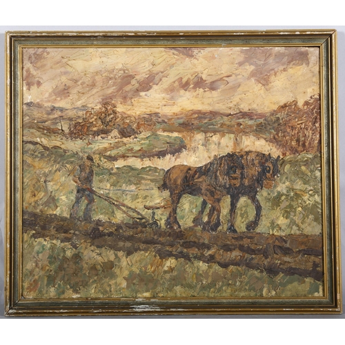 350 - Early 20th century ploughing scene with heavy horses, oil on canvas, unsigned, 46cm x 38cm, inscript... 