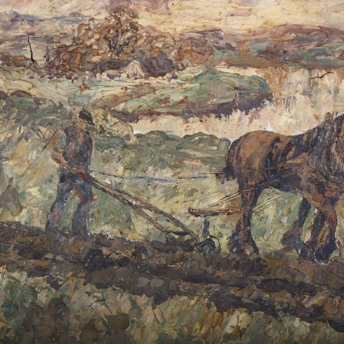 350 - Early 20th century ploughing scene with heavy horses, oil on canvas, unsigned, 46cm x 38cm, inscript... 