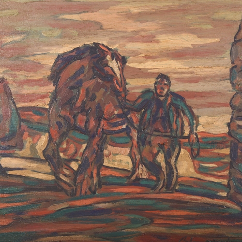 351 - 20th century oil on canvas, man with horse, indistinctly signed, 47cm x 38cm, framed