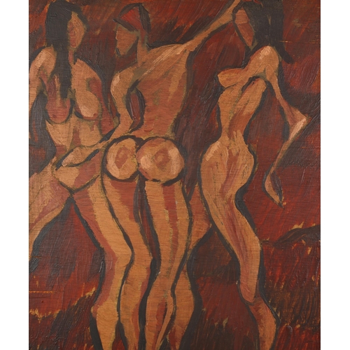 352 - Mid-20th century depiction of The Three Graces, oil on board, indistinct monogram, 56cm x 42cm, fram... 