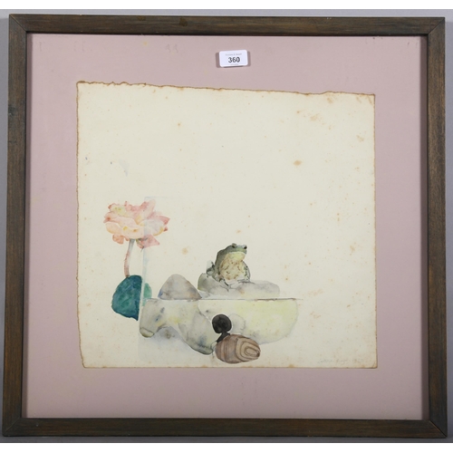 360 - Laetitia Yhapp, frog and flower, still life, watercolour on paper, signed in pencil and dated 1963, ... 