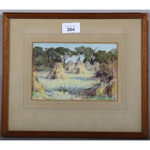 364 - Early 20th century watercolour study of haystacks, indistinctly signed in pencil, 18cm x 12cm, frame... 